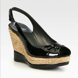 Stuart Weitzman 9 1/2 Black Patent Slingback Espadrille Sandals